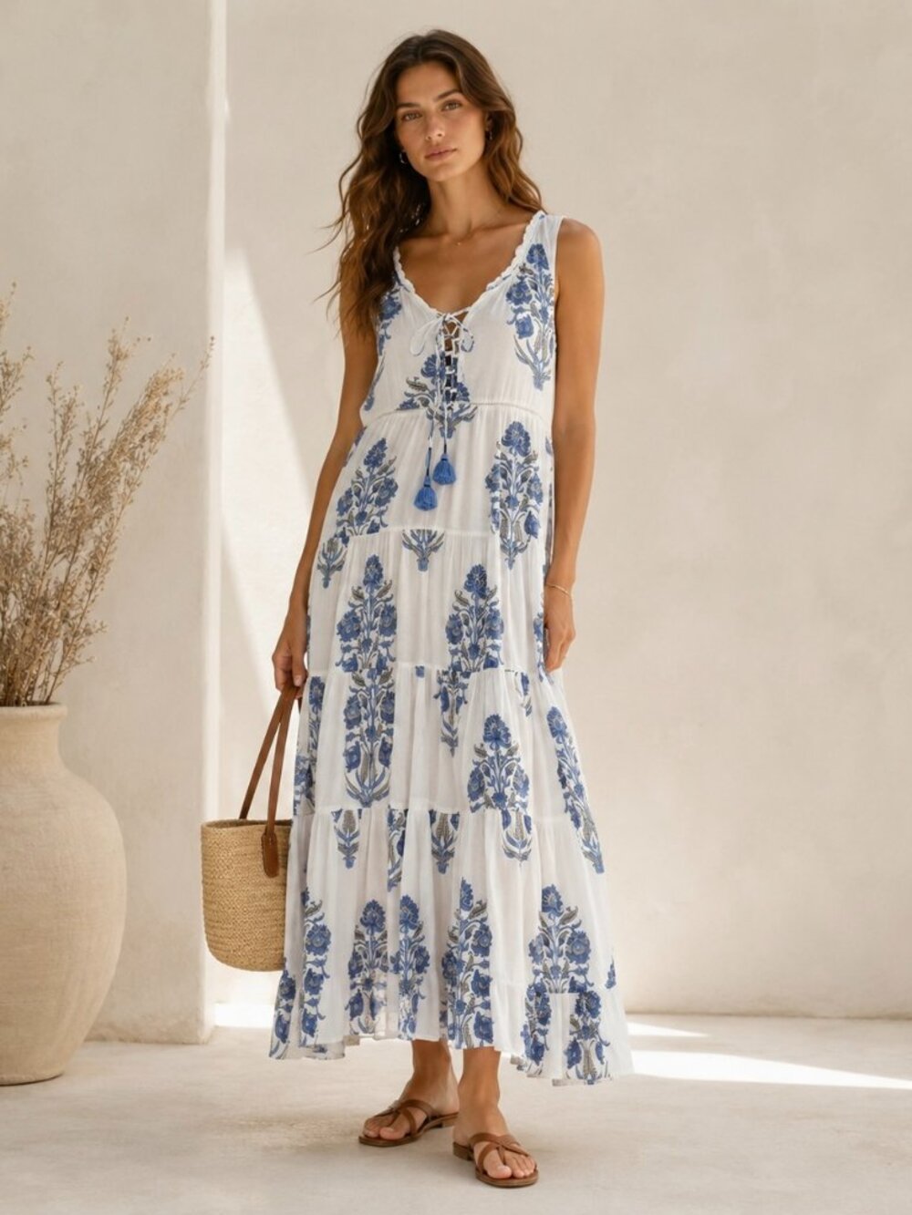 NIBI MTK Blue White Floral Cotton Maxi Dress One Size Boho Tiered Tassel Resort